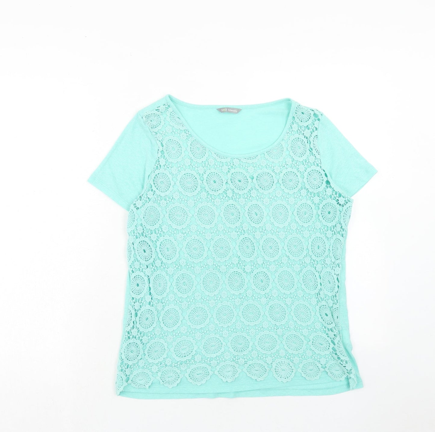 Marks and Spencer Womens Blue Geometric Viscose Basic T-Shirt Size 12 Scoop Neck