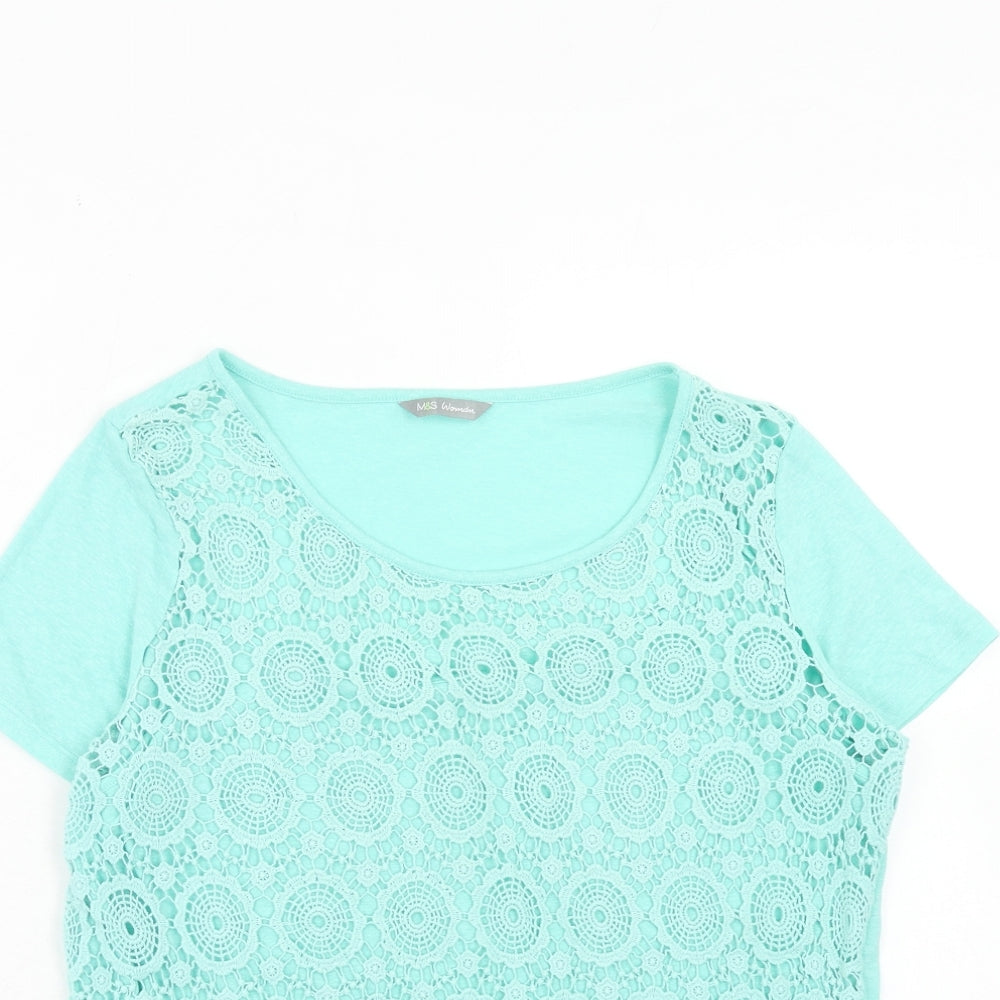 Marks and Spencer Womens Blue Geometric Viscose Basic T-Shirt Size 12 Scoop Neck