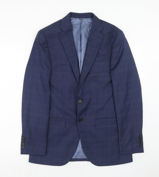 Marks and Spencer Mens Blue Plaid Polyester Jacket Suit Jacket Size 38 Regular