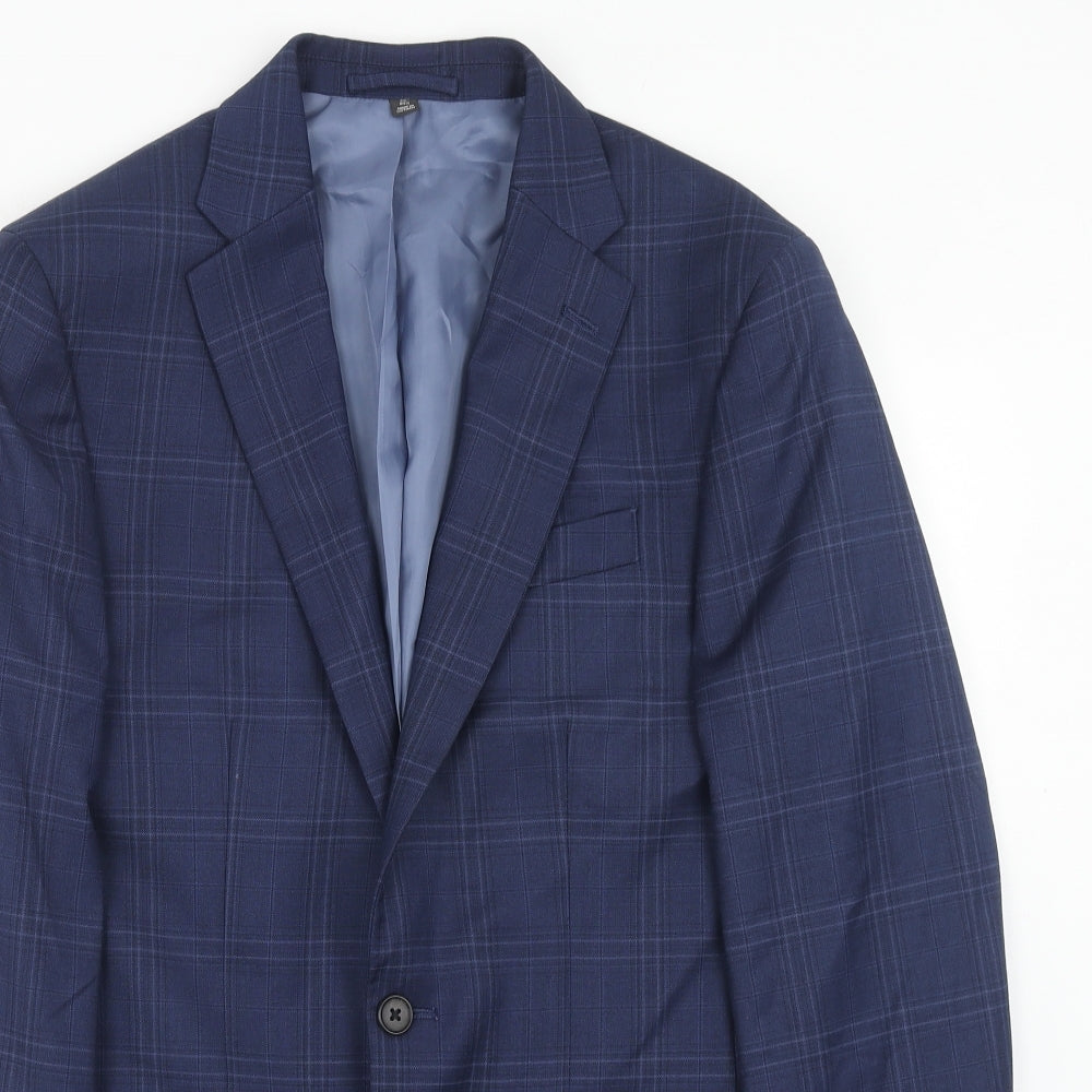 Marks and Spencer Mens Blue Plaid Polyester Jacket Suit Jacket Size 38 Regular