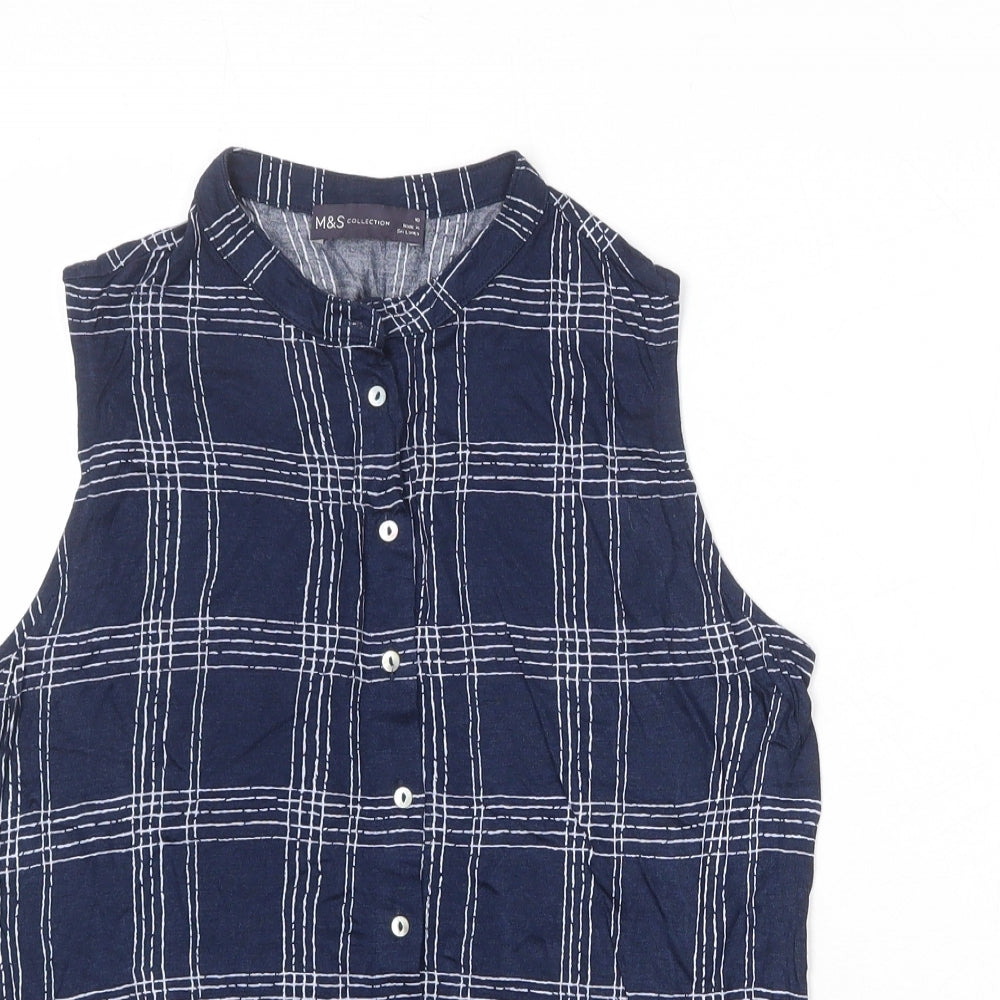 Marks and Spencer Womens Blue Plaid Viscose Basic Button-Up Size 10 Collared