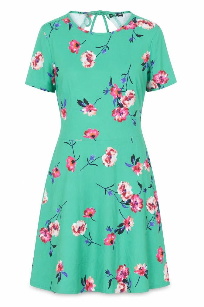 PRETTYLITTLETHING Womens Green Floral Polyester A-Line Size 10 Round Neck Zip