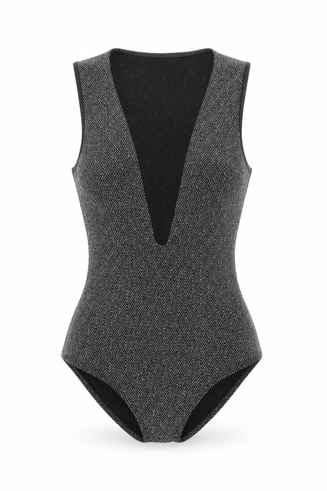 Topshop Womens Black Geometric Nylon Bodysuit One-Piece Size 6 Snap - Plunge Neckline
