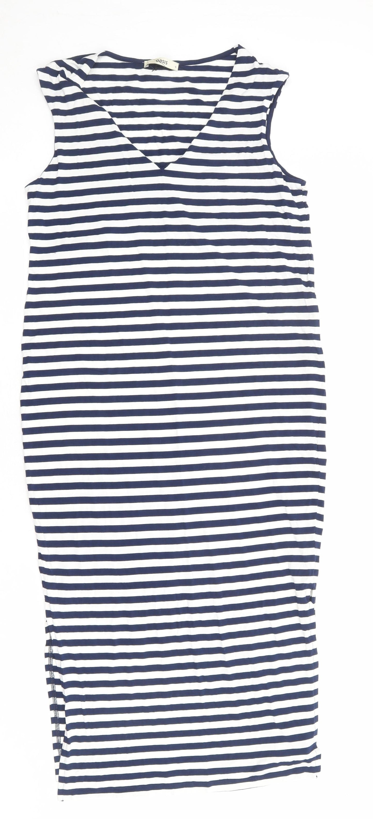 Oasis Womens Blue Striped Viscose A-Line Size S V-Neck Pullover