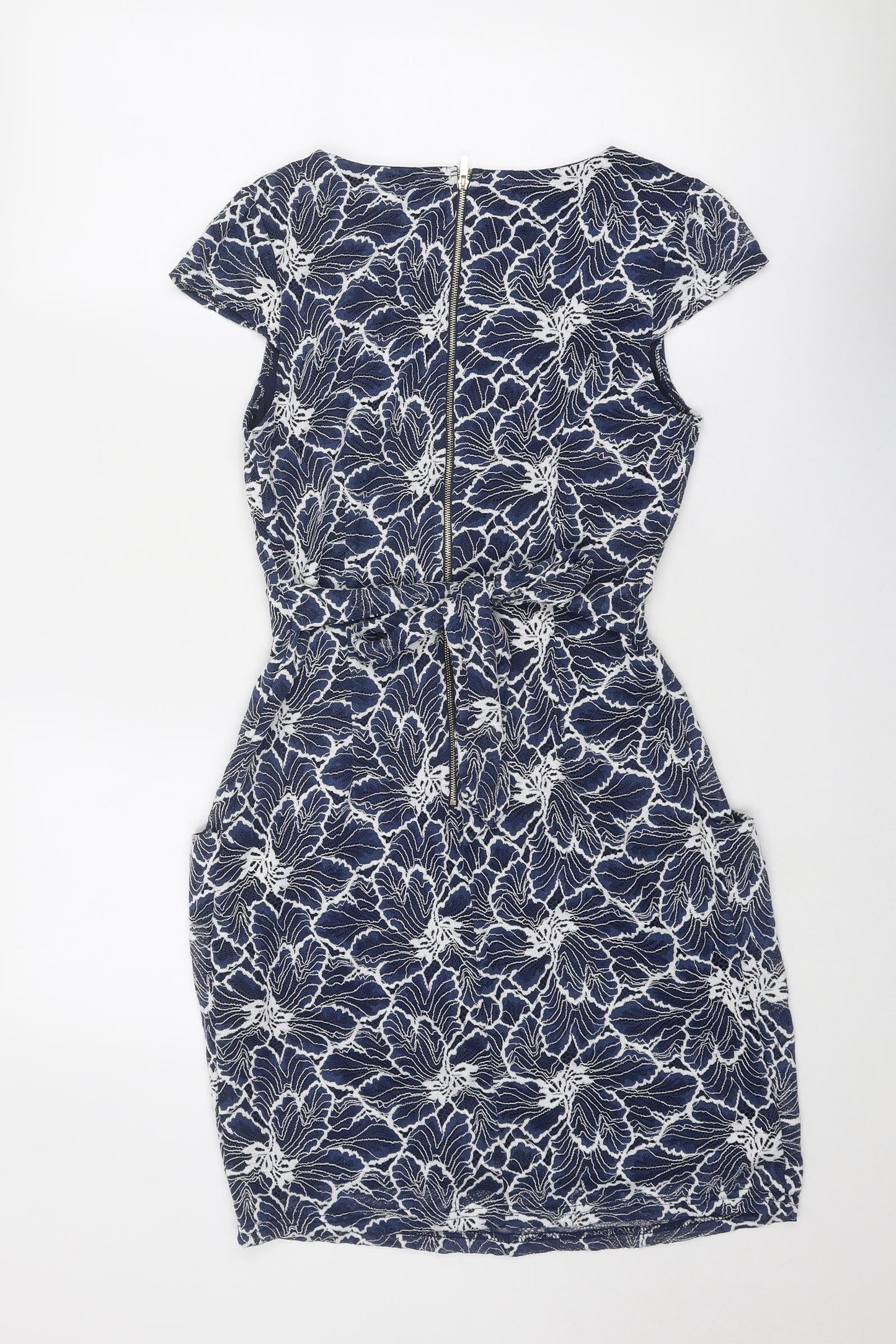 Blue Vanilla Womens Blue Floral Nylon Shift Size 12 Round Neck Zip