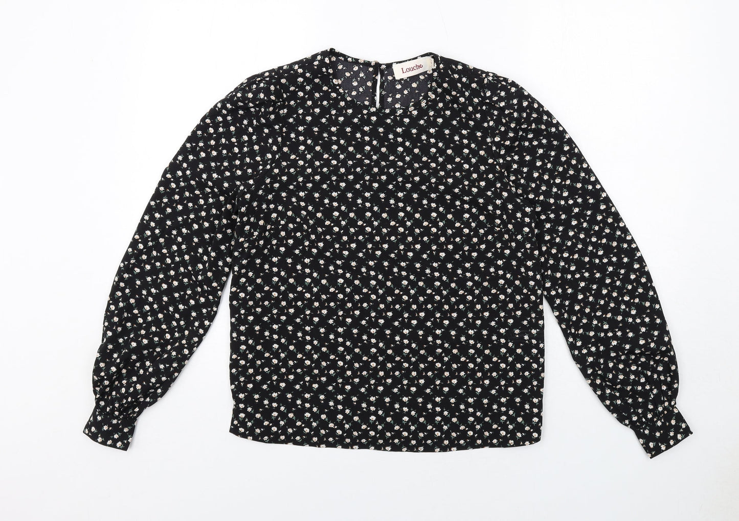 Louche Womens Black Floral Polyester Basic Blouse Size 8 Round Neck