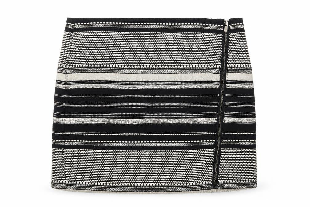 Front view of Camaieu women’s black geometric polyester a-line skirt, size UK 14, zip
