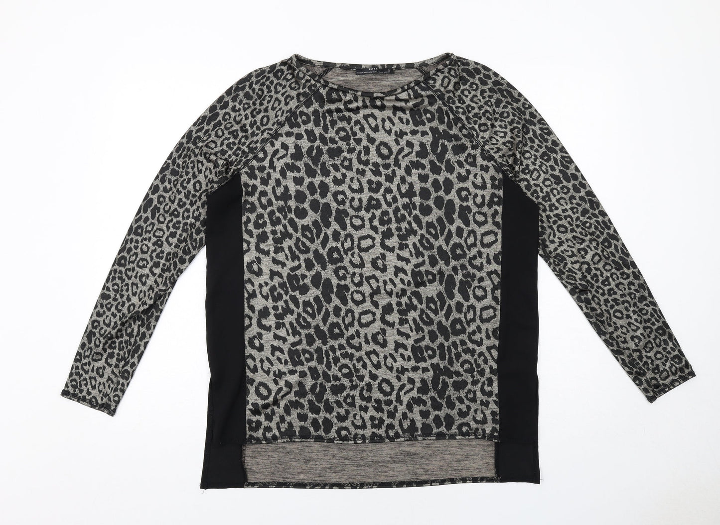 Zara Womens Black Animal Print Polyester Basic Blouse Size L Round Neck - Leopard Print