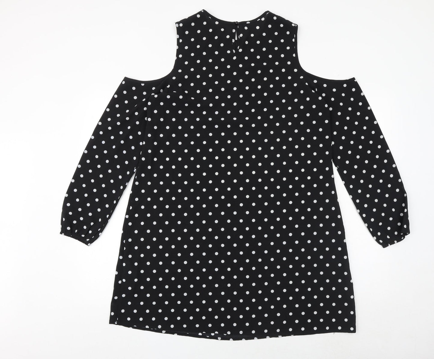 New Look Womens Black Polka Dot Polyester A-Line Size 12 Round Neck Button - Cold Shoulder
