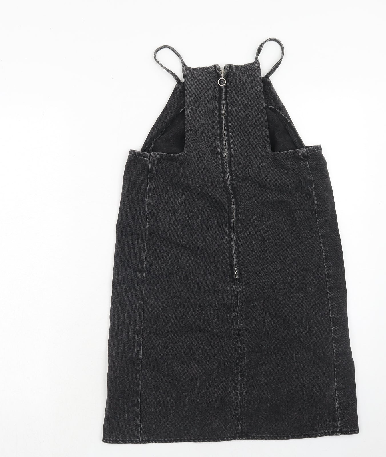 Topshop Womens Black Cotton Pinafore/Dungaree Dress Size 6 Square Neck Zip