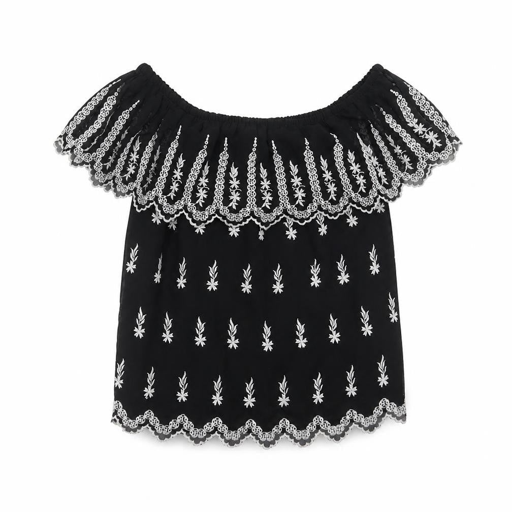 Front view of Miss Selfridge women’s black polyester basic blouse, size UK 10, off the shoulder