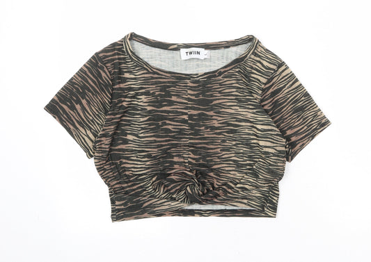 Twiin Womens Brown Geometric Polyester Cropped T-Shirt Size L Round Neck