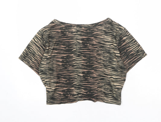 Twiin Womens Brown Geometric Polyester Cropped T-Shirt Size L Round Neck