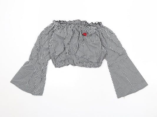 Pull&Bear Womens Black Geometric Cotton Cropped Blouse Size S Off the Shoulder