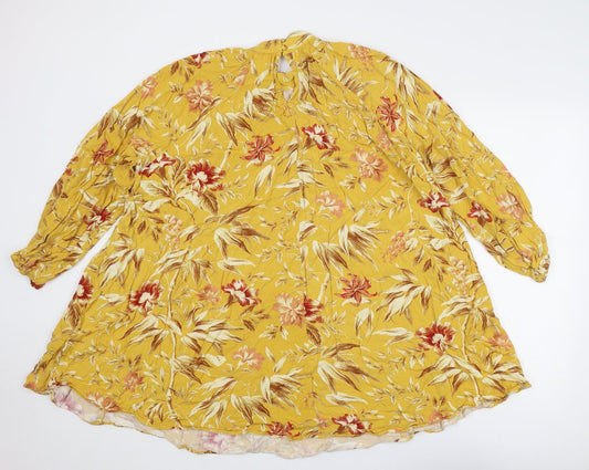 H&M Womens Yellow Floral Viscose Trapeze & Swing Size 12 Round Neck Button