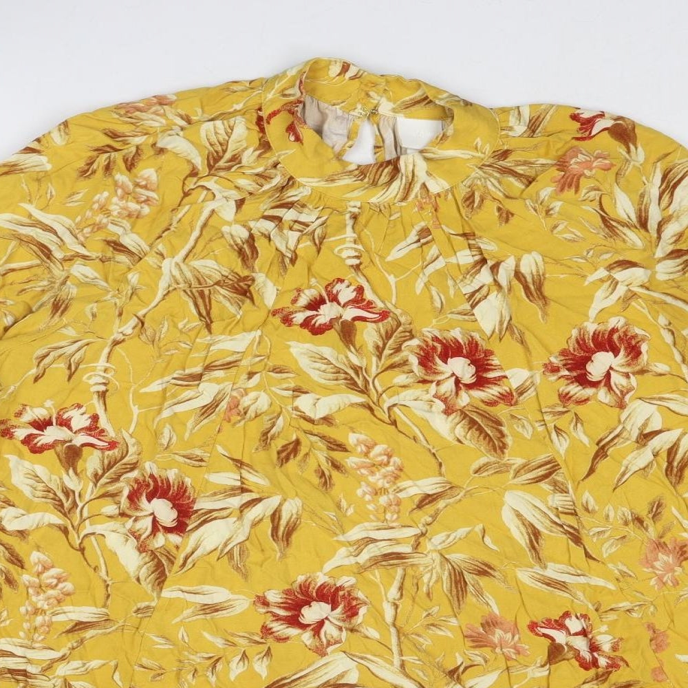 H&M Womens Yellow Floral Viscose Trapeze & Swing Size 12 Round Neck Button