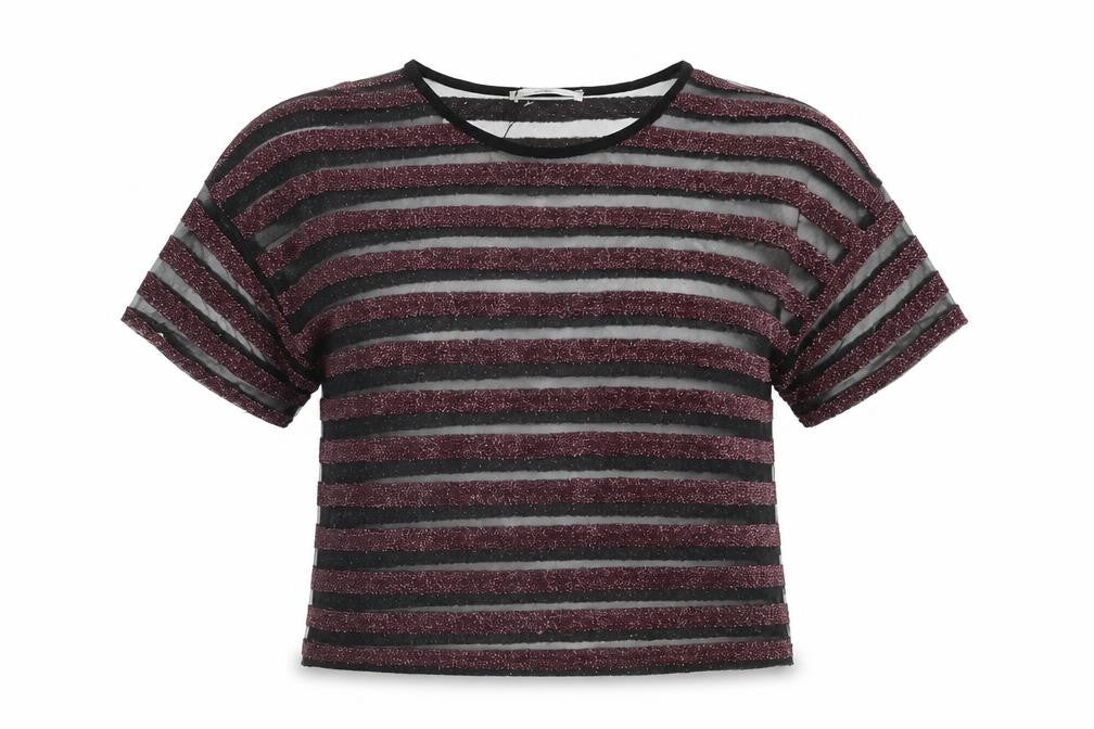 Mango Womens Pink Striped Polyester Basic T-Shirt Size S Round Neck