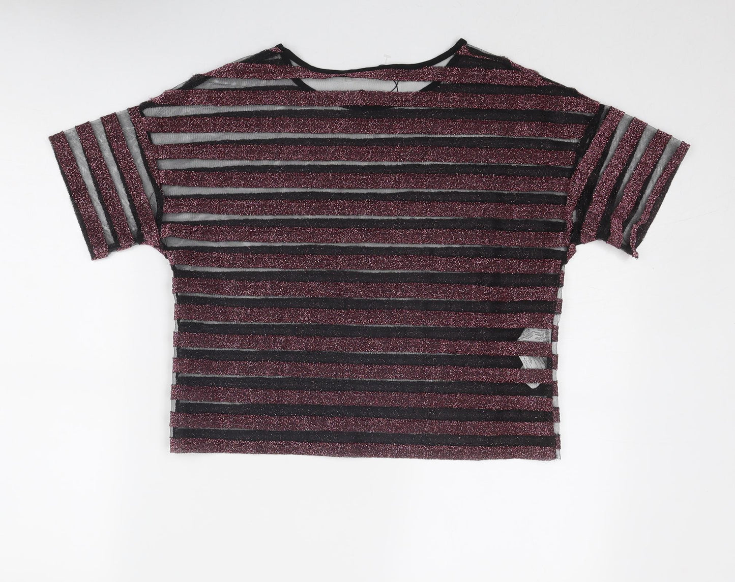 Mango Womens Pink Striped Polyester Basic T-Shirt Size S Round Neck