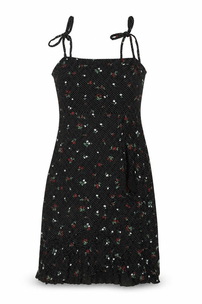 PRETTYLITTLETHING Womens Black Geometric Viscose Tank Dress Size 8 Square Neck Tie