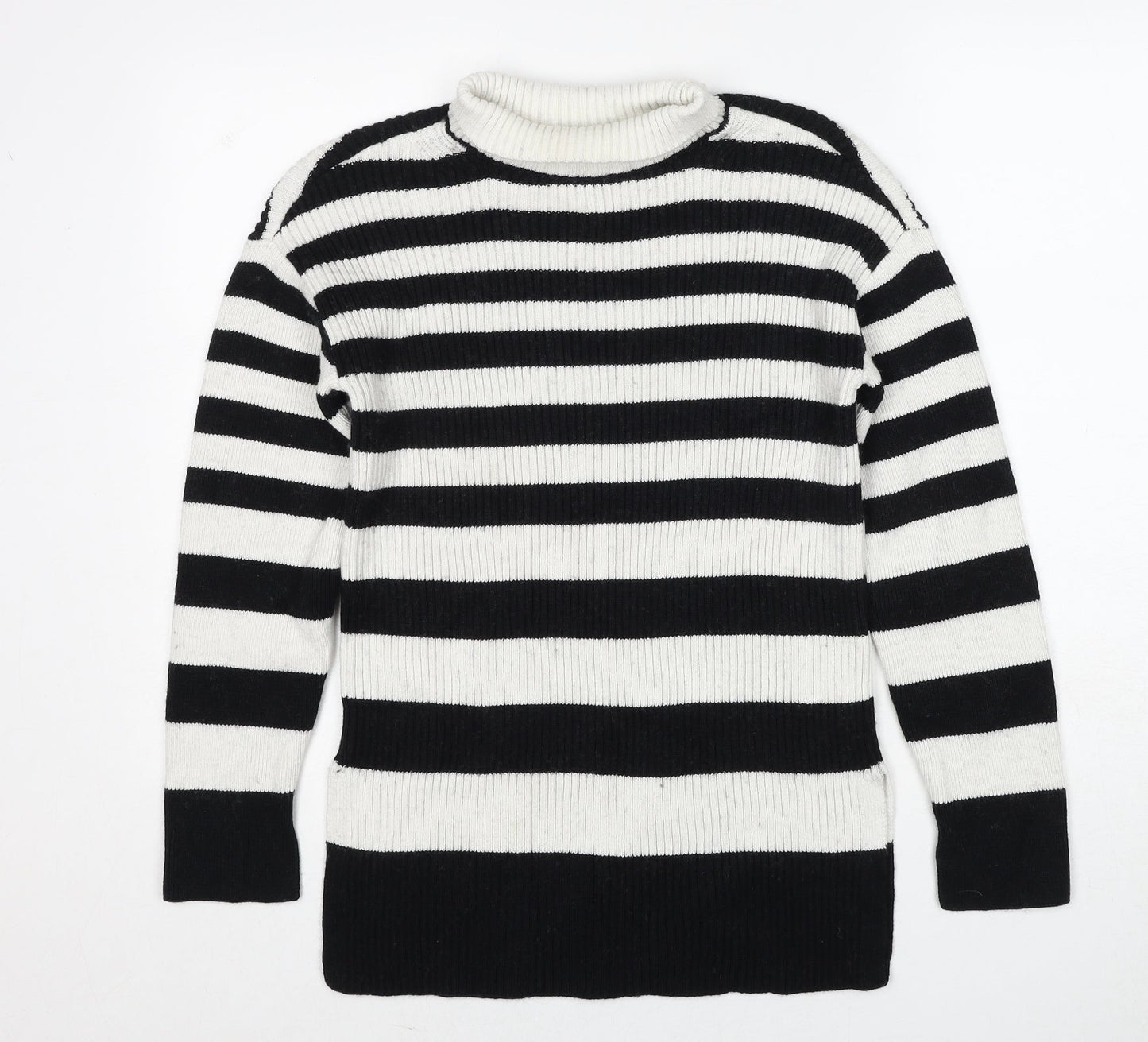 Marks and Spencer Womens Multicoloured Roll Neck Striped Cotton Pullover Jumper Size S - Side Slits