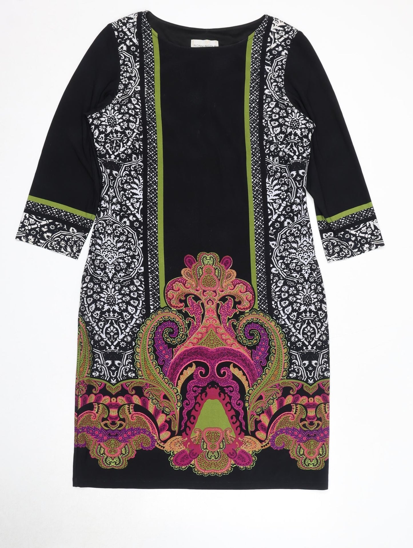 Ronni Nicole Womens Black Geometric Polyester A-Line Size 14 Round Neck Pullover