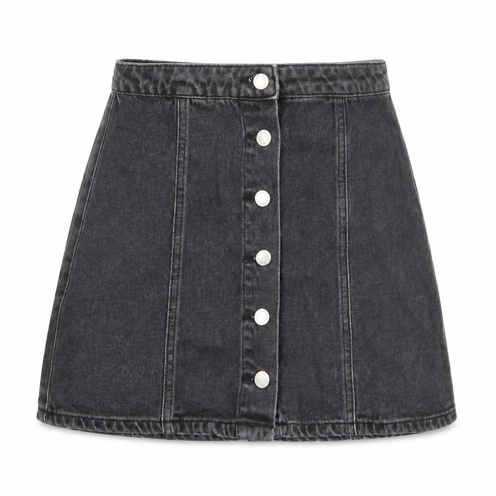 Front view of Miss Selfridge women’s black polyester a-line skirt, size UK 8, button