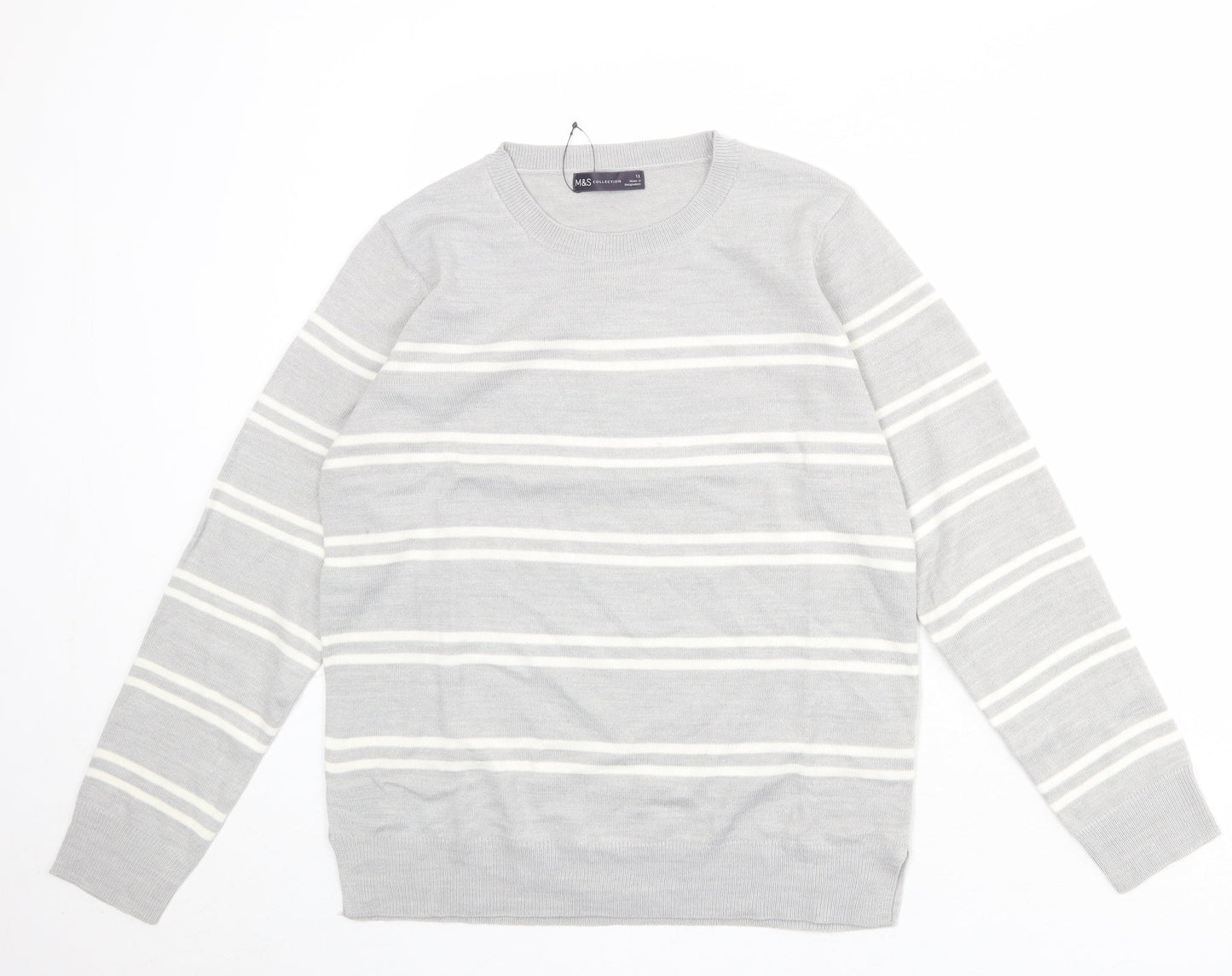 Marks and Spencer Womens Grey Round Neck Striped Acrylic Pullover Jumper Size 12