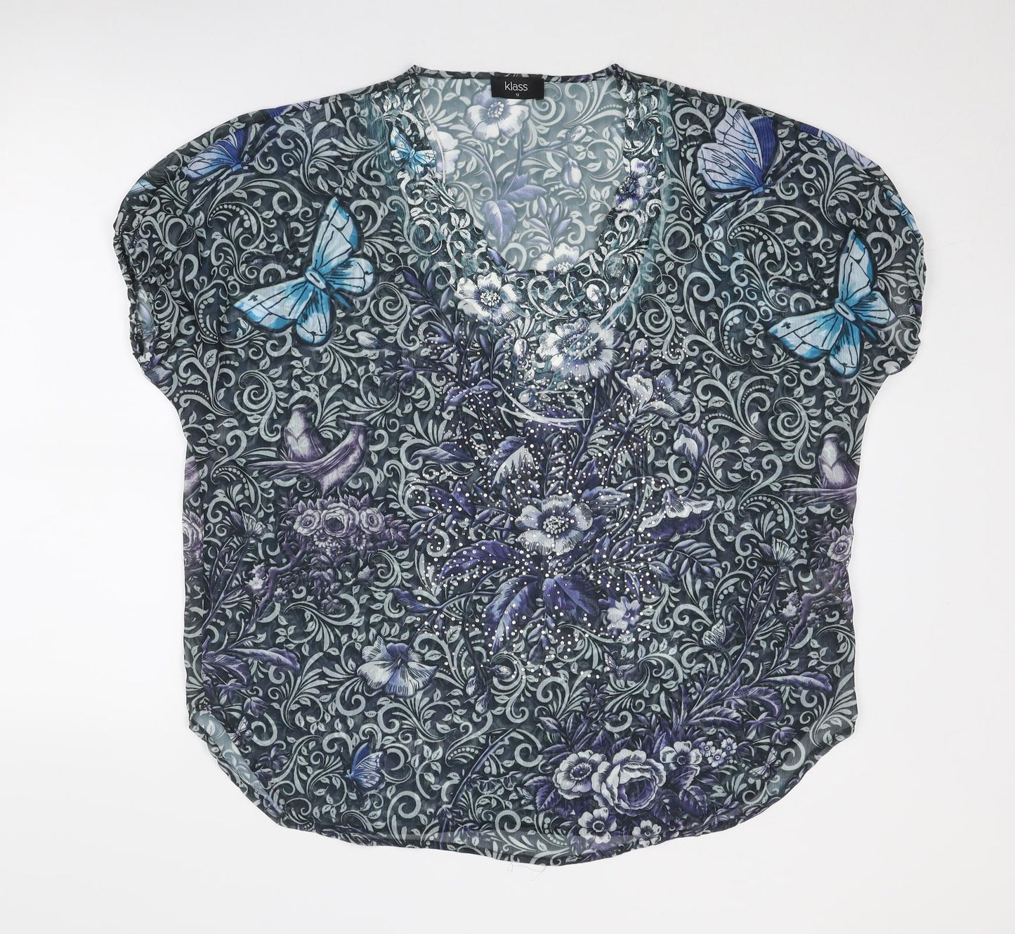 Klass Womens Blue Geometric Polyester Basic Blouse Size 12 Scoop Neck