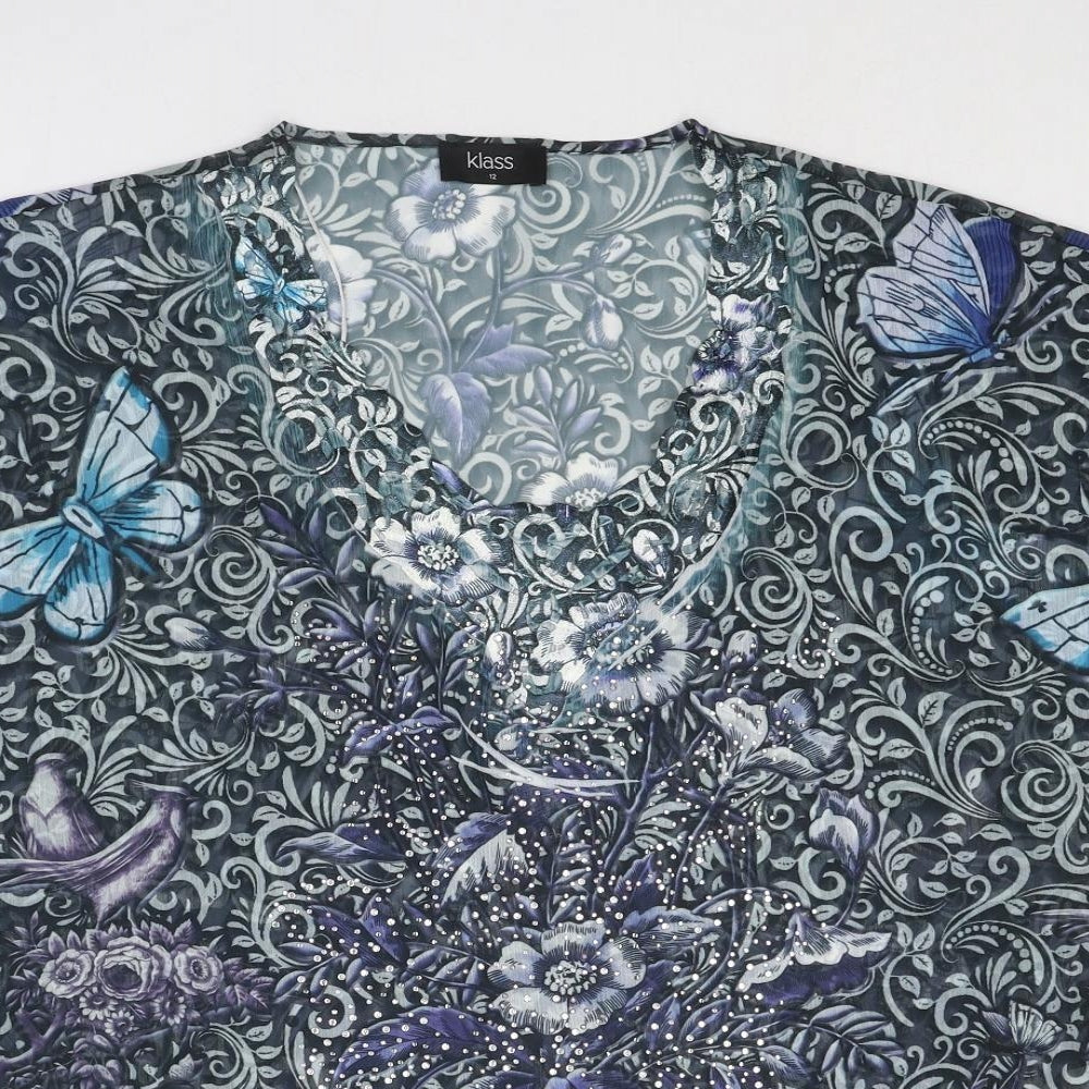 Klass Womens Blue Geometric Polyester Basic Blouse Size 12 Scoop Neck