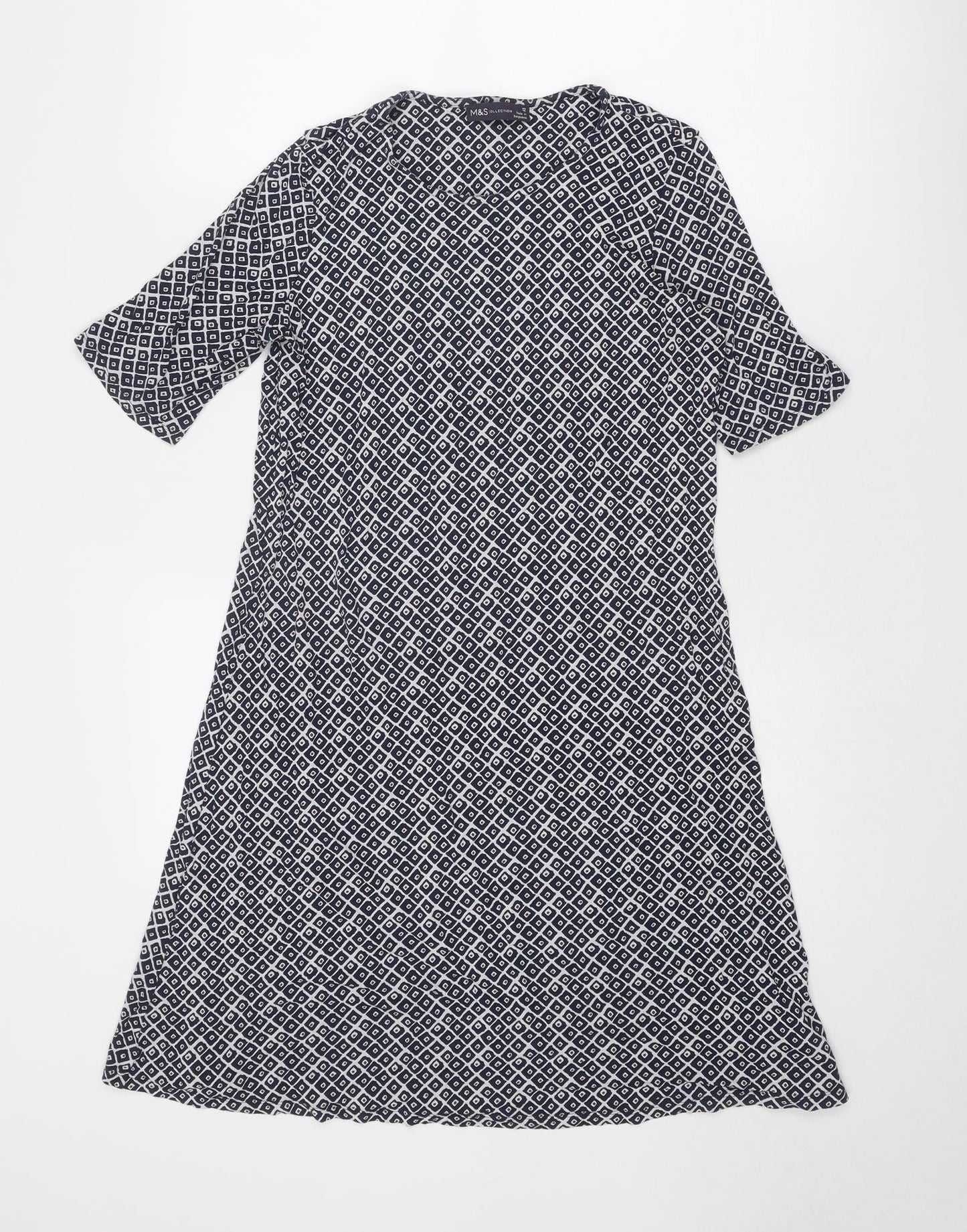 Marks and Spencer Womens Blue Geometric Viscose A-Line Size 12 Round Neck Pullover
