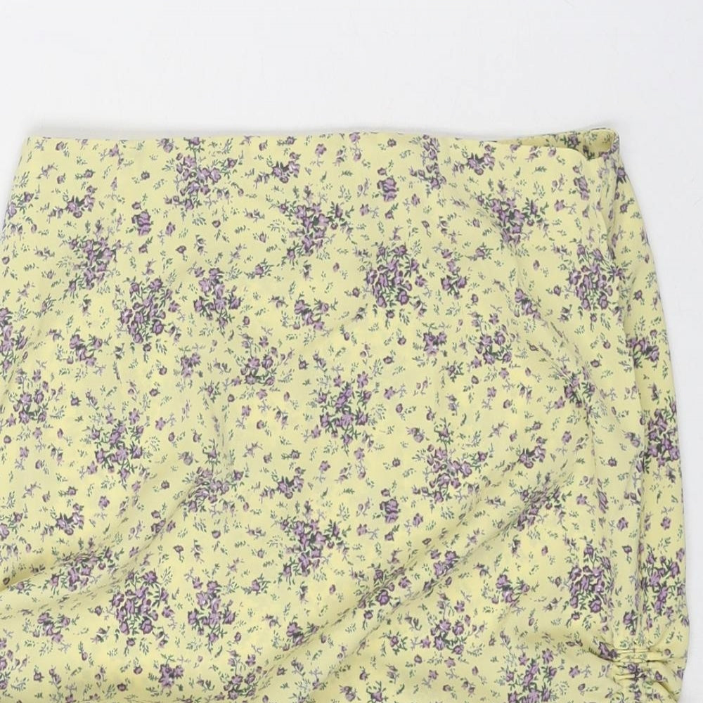 Reverse Womens Yellow Floral Polyester Mini Skirt Size S Zip - Ruched