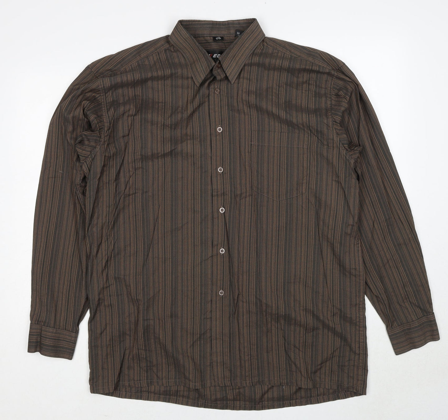 ECHOl Mens Brown Striped Polyester Button-Up Size L Collared Button - Collar 16-16½''