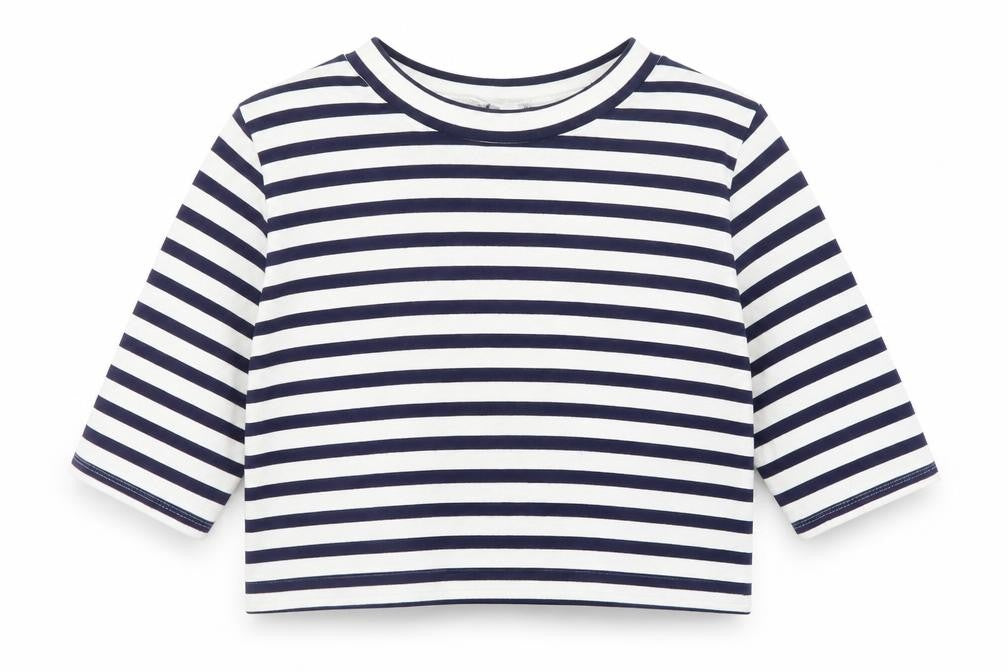 H&M Womens Blue Striped Viscose Cropped T-Shirt Size M Boat Neck