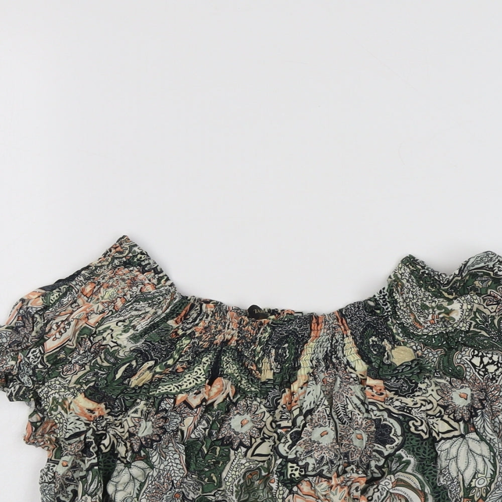 Zara Womens Green Geometric Viscose Basic Blouse Size S Round Neck