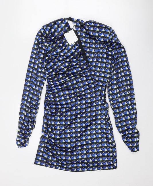 Zara Womens Blue Geometric Polyester Mini Size S Round Neck Zip