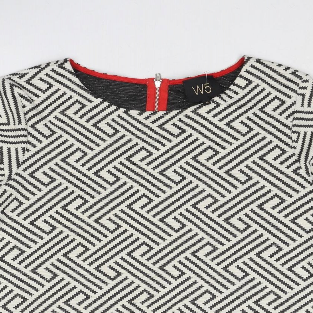 W5 Womens White Geometric Cotton Basic Blouse Size M Boat Neck