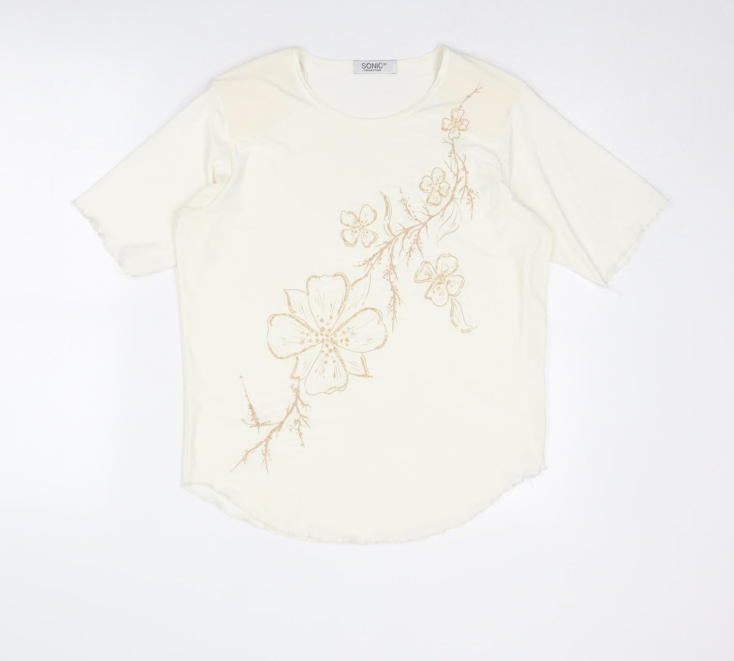 Sonic Womens Ivory Polyester Basic T-Shirt Size 16 Round Neck - Flower