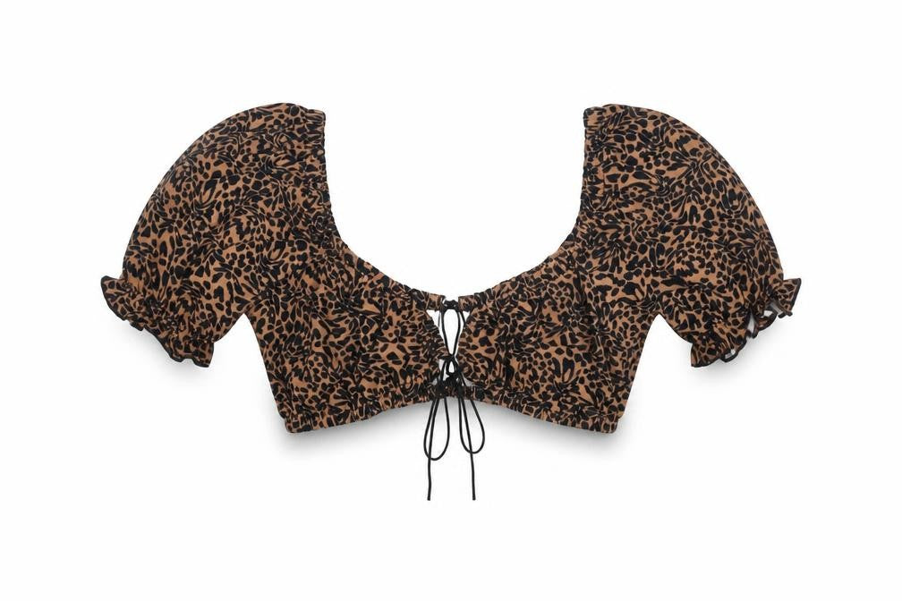 Front view of ASOS women’s brown animal print polyester cropped blouse, size UK 6, scoop neck - leopard print