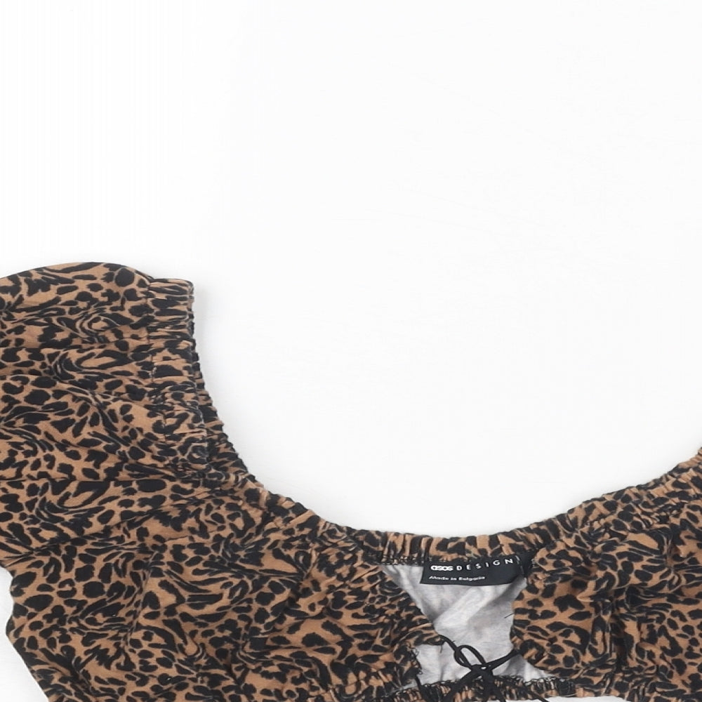 ASOS Womens Brown Animal Print Polyester Cropped Blouse Size 6 Scoop Neck - Leopard Print