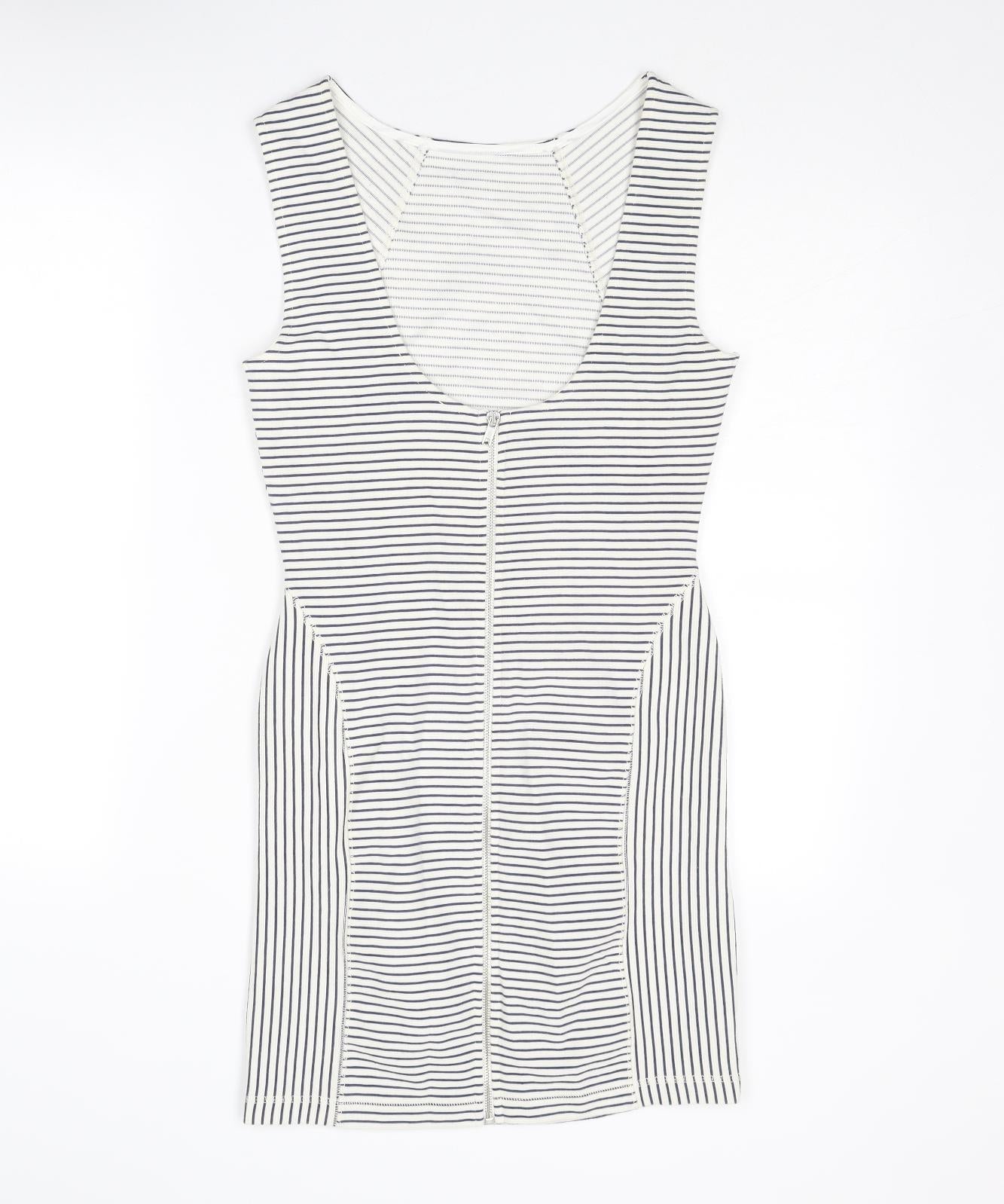 Mango Womens White Striped Cotton Shift Size S Round Neck Zip