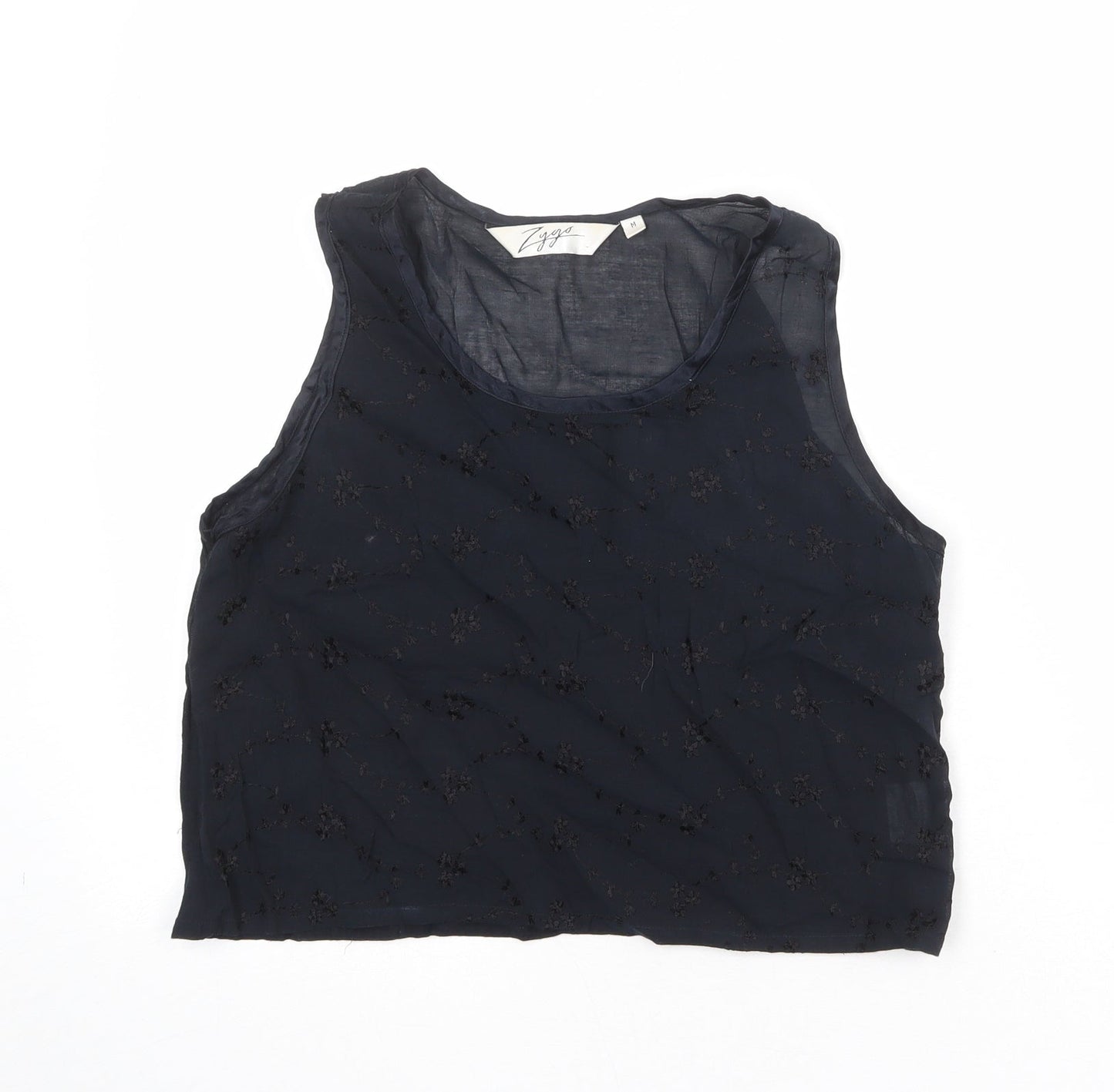 Zygo Womens Black Geometric Viscose Basic Tank Size M Round Neck