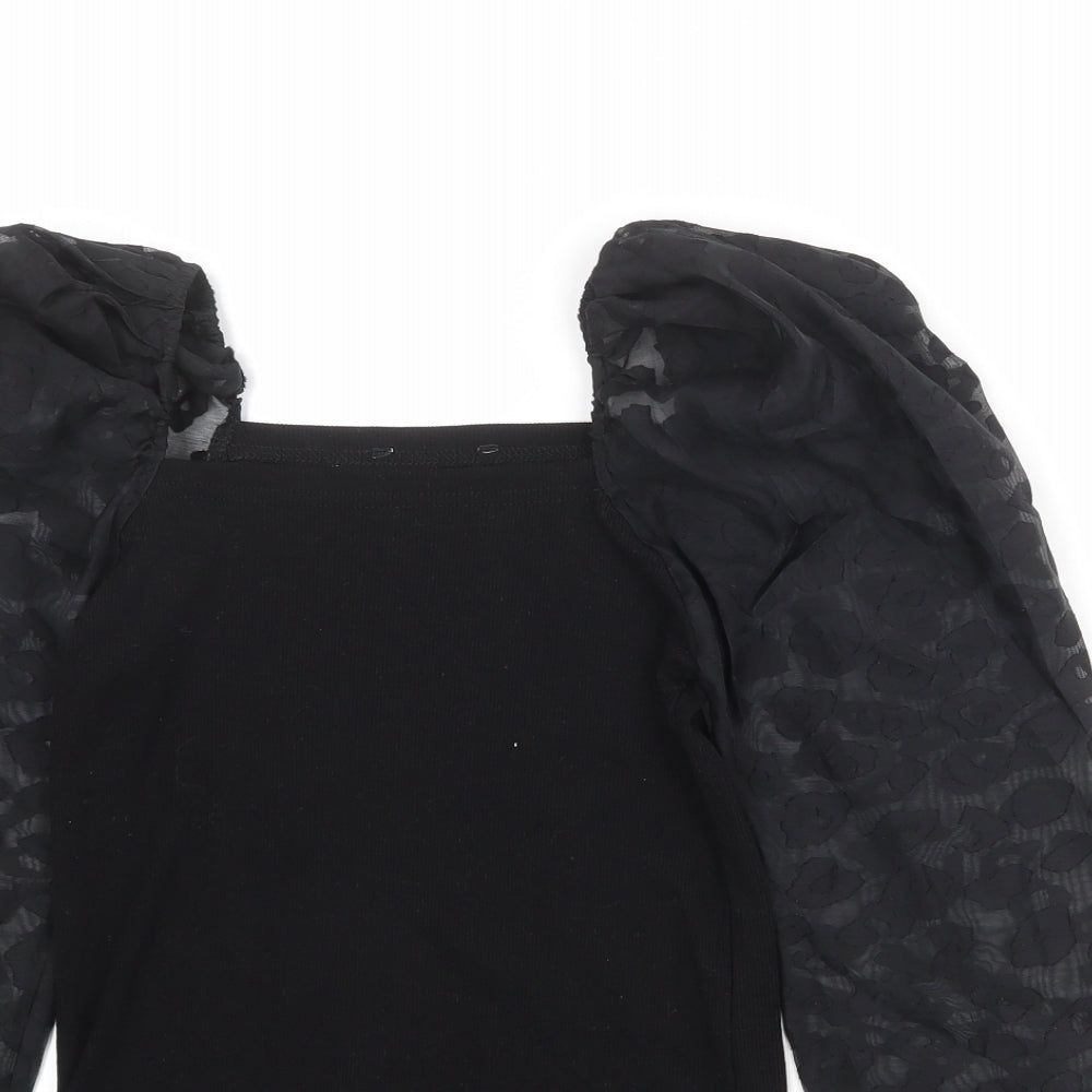New Look Womens Black Animal Print Polyester Basic Blouse Size 10 Square Neck - Sheer Sleeves