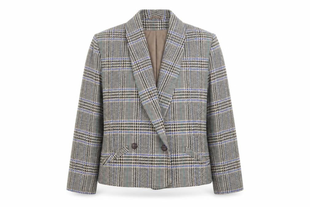 Front view of Gallery women’s multicoloured plaid pea coat coat, size UK 14, button
