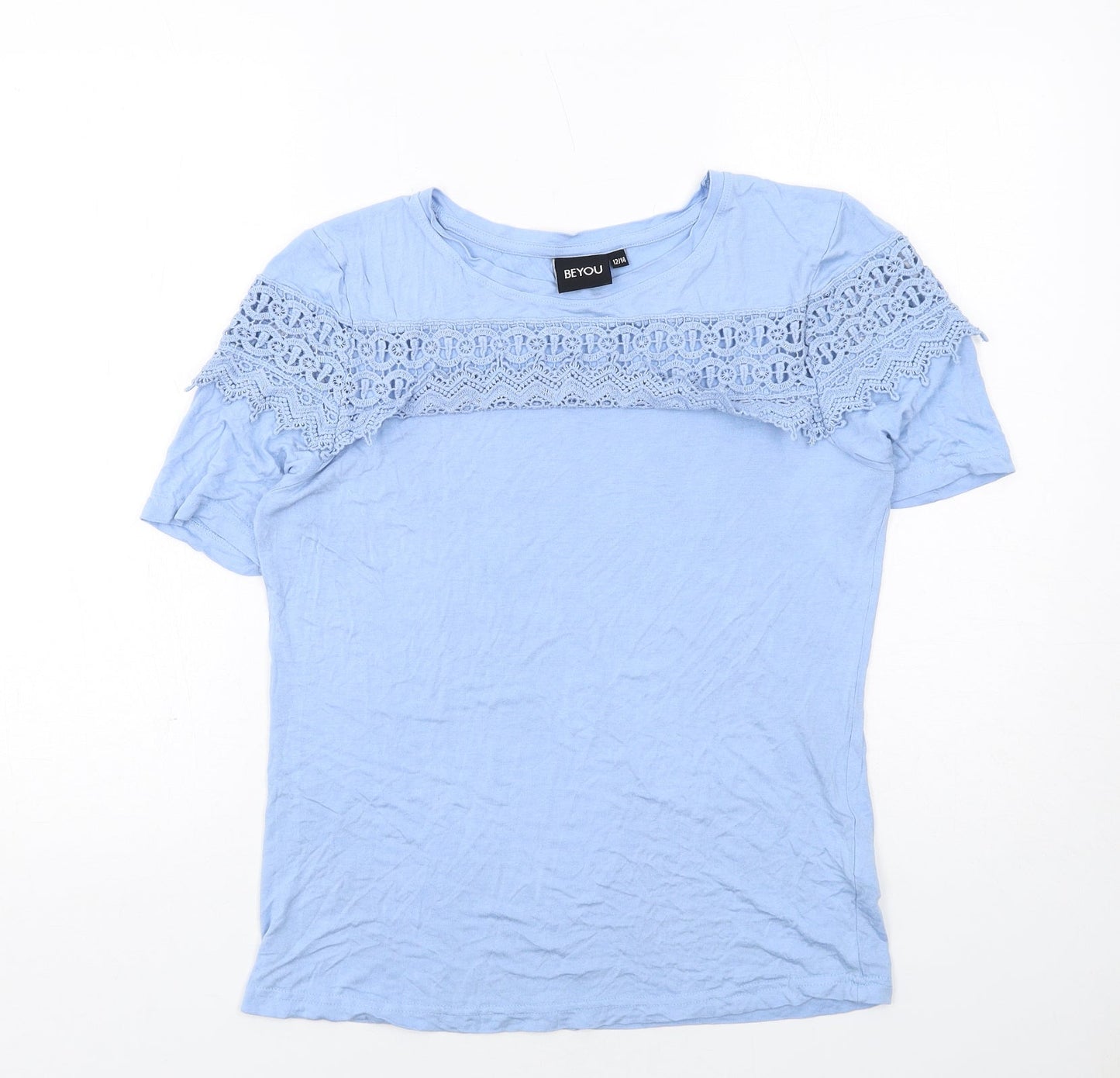 Be You Womens Blue Viscose Basic T-Shirt Size 12 Round Neck - Broderie Anglaise