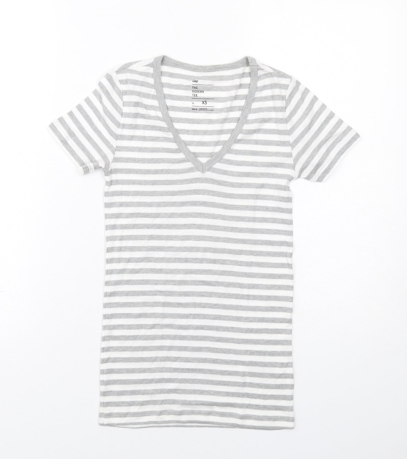 Gap Womens Grey Striped Cotton Basic T-Shirt Size XS V-Neck