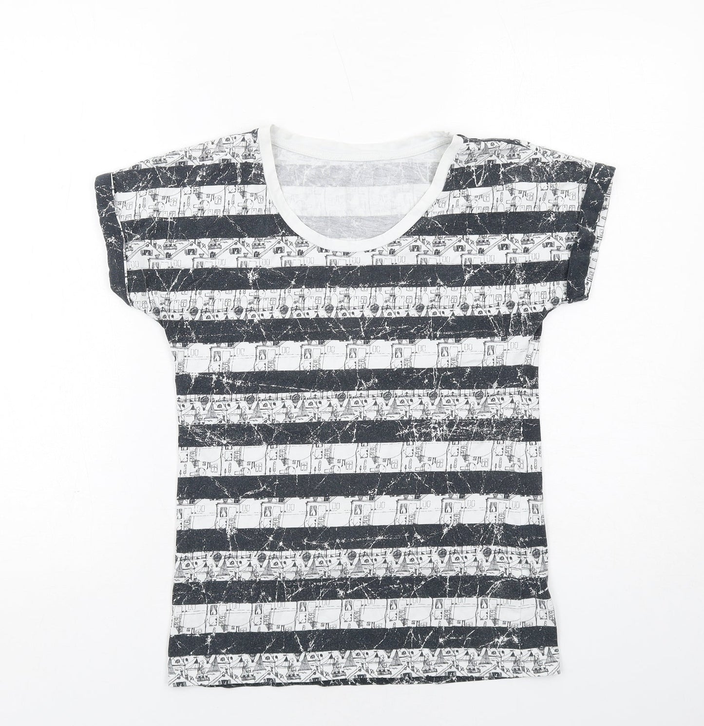 Marks and Spencer Womens Black Geometric Cotton Basic T-Shirt Size 6 Round Neck