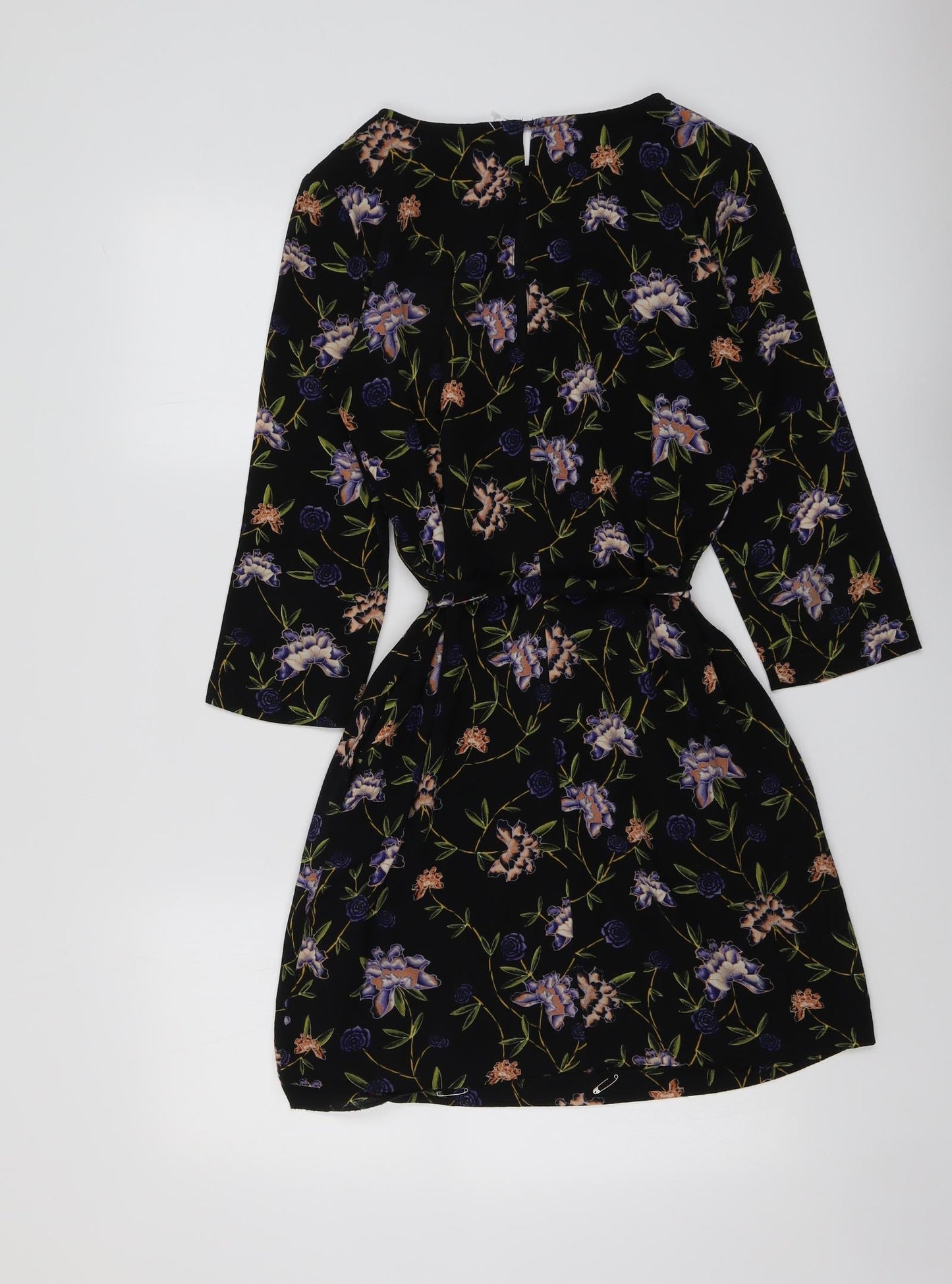 H&M Womens Black Floral Polyester A-Line Size 10 Round Neck Button