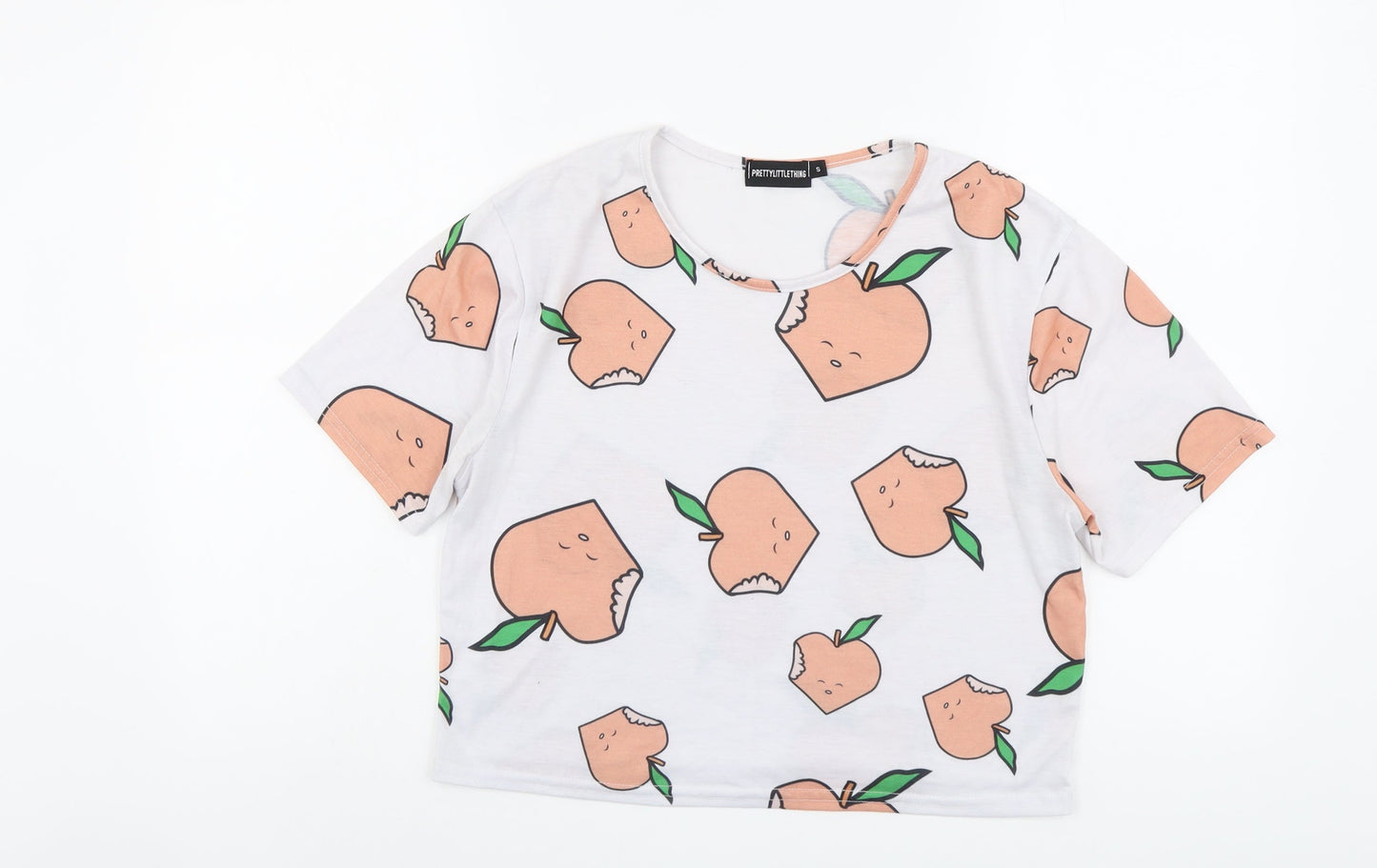PRETTYLITTLETHING Womens White Geometric Polyester Basic T-Shirt Size S Round Neck - Apple Print