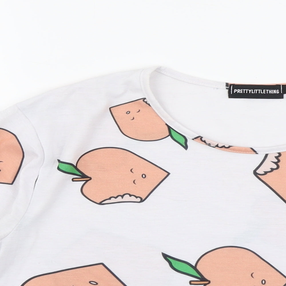 PRETTYLITTLETHING Womens White Geometric Polyester Basic T-Shirt Size S Round Neck - Apple Print