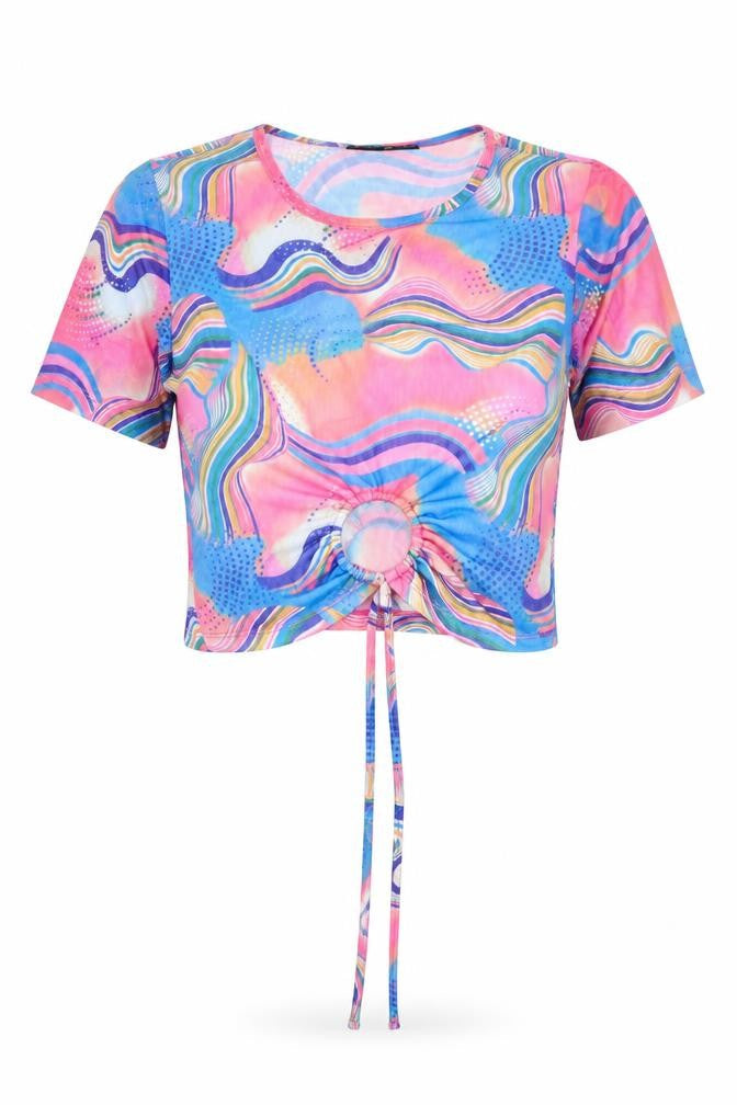 Select Womens Multicoloured Geometric Polyester Cropped T-Shirt Size M Round Neck - Ring Detail